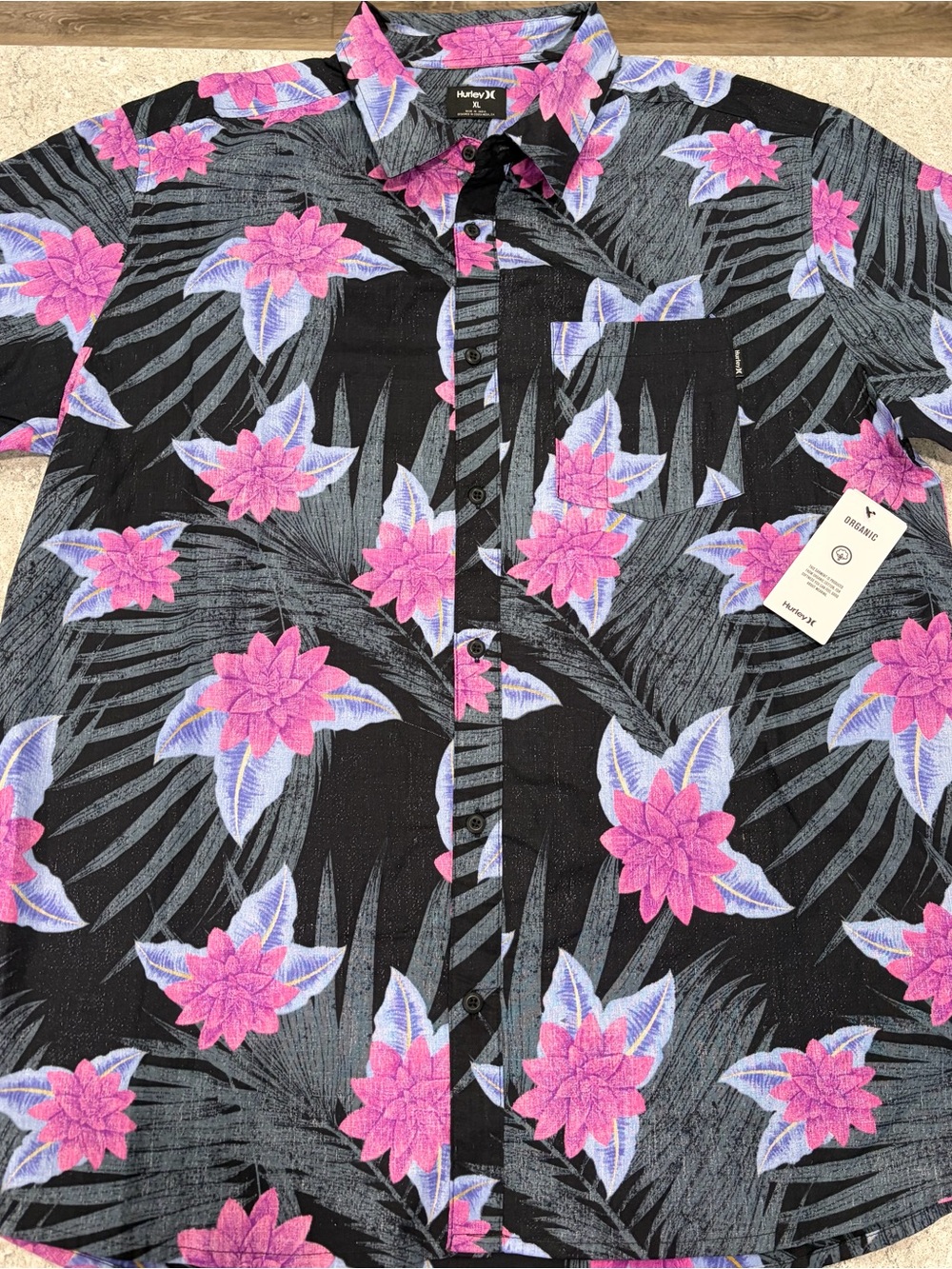 Hurley Organic Cotton Black Floral Short-Sleeve Button-Up Shirt-XL NWT - Picture 2 of 10